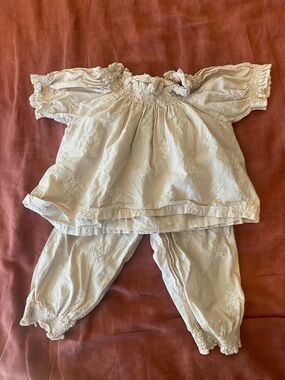 Ginger Snaps embroidered two piece set gingham floral tan khaki white 6 months